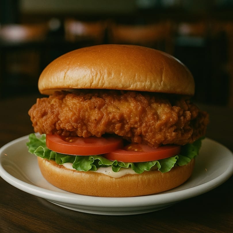 Crispy fried chicken sandwich with lettuce, tomato, and mayonnaise on a bun.