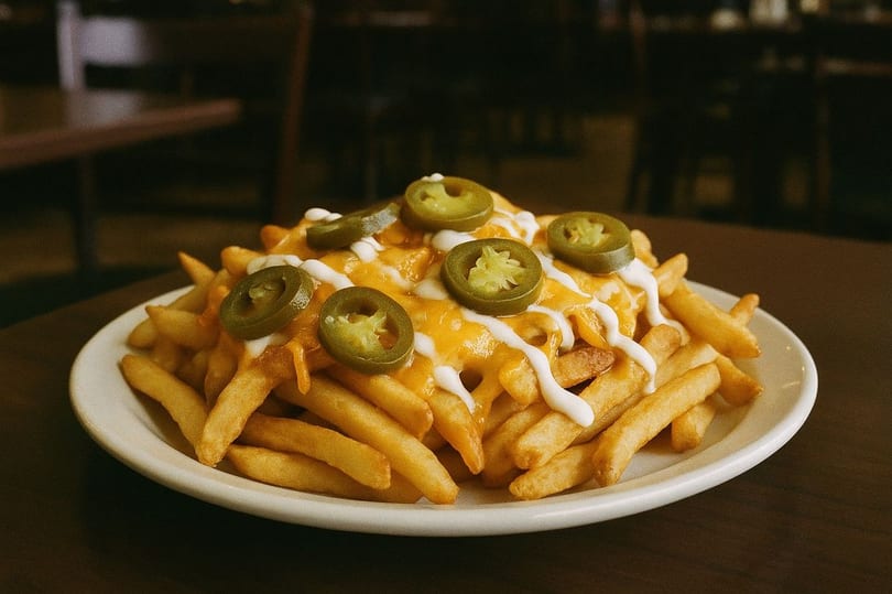 A plate of Zabiha Chicken and Sub's cheesy fries topped with sliced jalapeños and white sauce.
